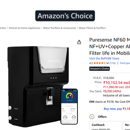 Puresense Mobile App Enabled Water Purifier 7L With NF+UV+Copper Alkaline Technology